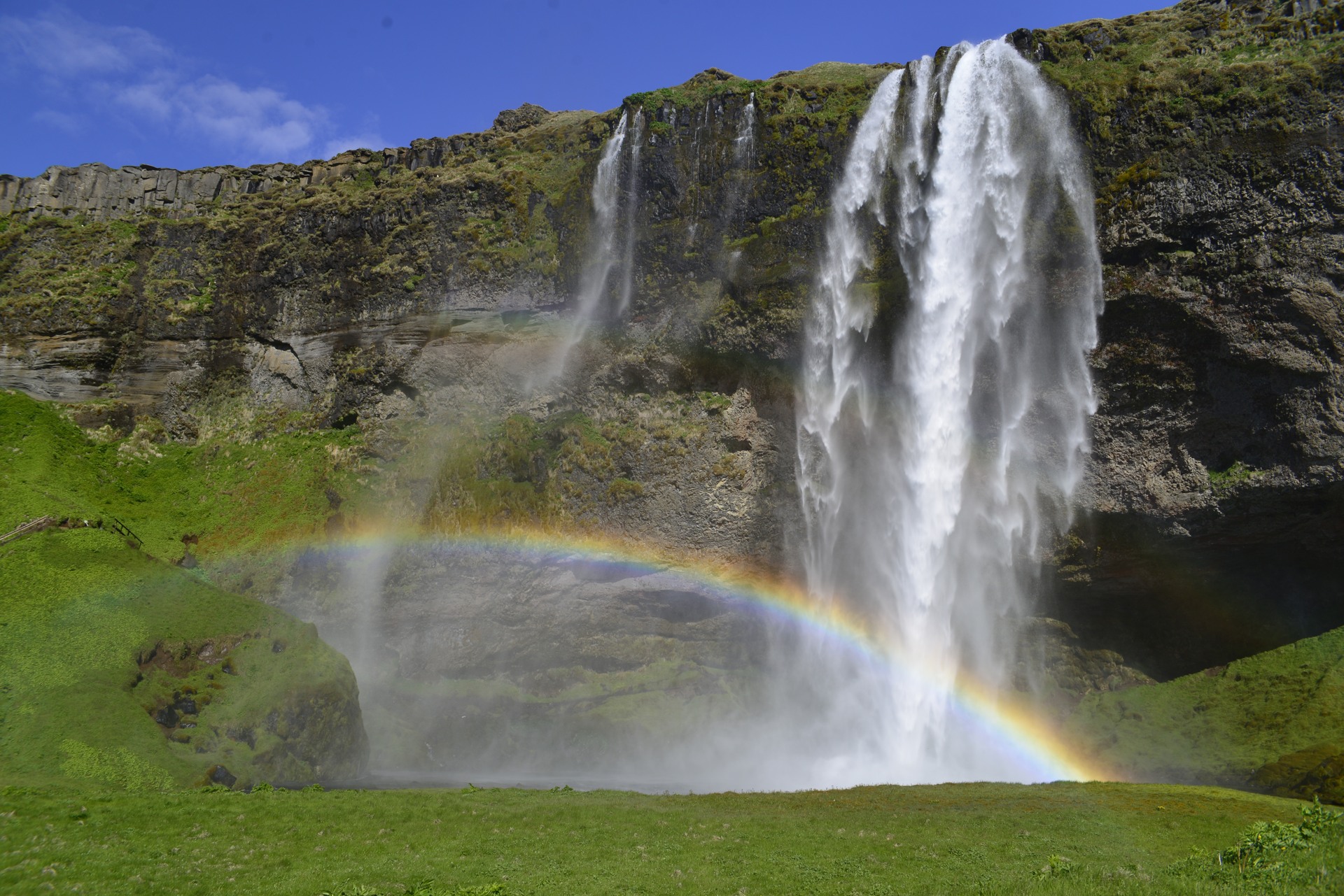 Seljalandsfoss Wasserfall in Sommer mit einem Regenbogen und grnen Gras